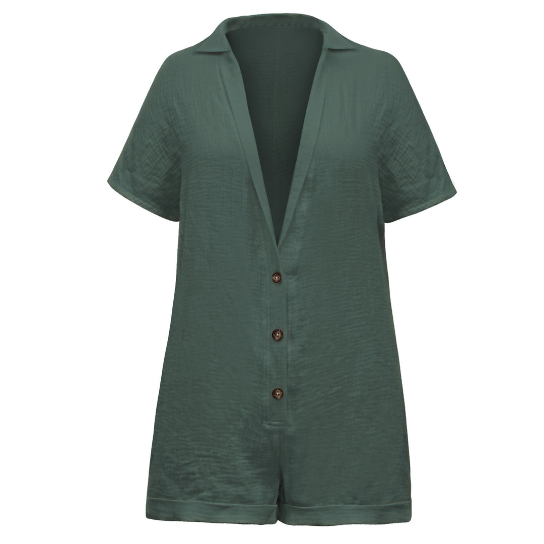 COTTON AND LINEN BREATHABLE COMFORTABLE LOOSE BUTTON DEEP V-NECK JUMPSUIT