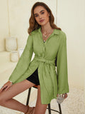 WOMEN CLOTHING  GREEN STAND COLLAR SHIRT DRESS