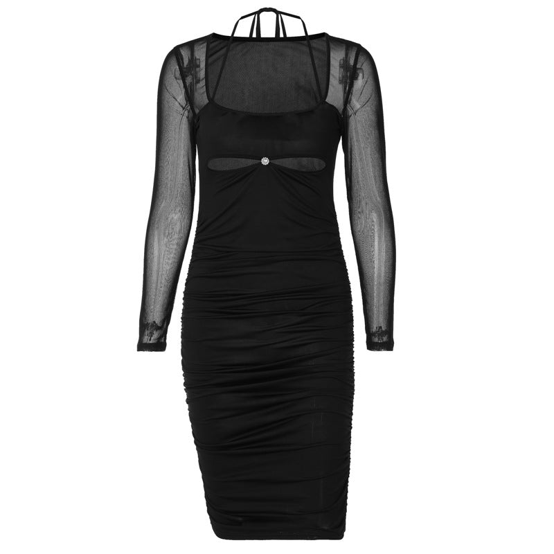 LONG SLEEVE PLEATED MESH DRESS