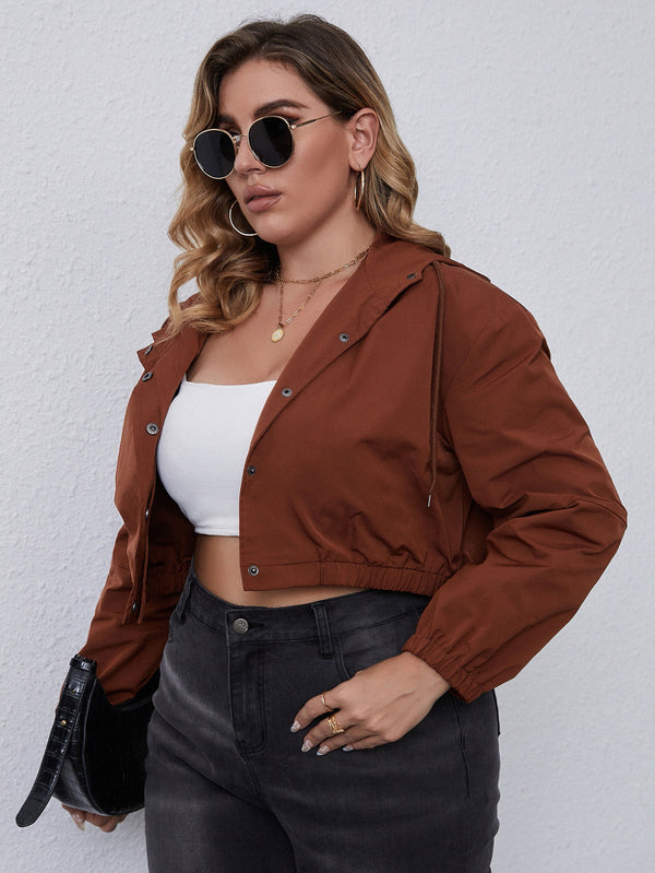 TRENDY SOLID COLOUR LONG SLEEVE SHORT HOODED ZIPPER JACKET