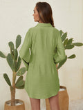 WOMEN CLOTHING  GREEN STAND COLLAR SHIRT DRESS