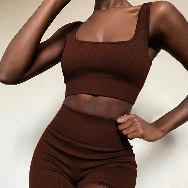 FASHION SPORTS FITNESS YOGA WEAR U-NECK SHORTS SEAMLESS  TWO-PIECE SET