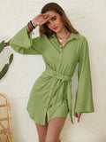 WOMEN CLOTHING  GREEN STAND COLLAR SHIRT DRESS
