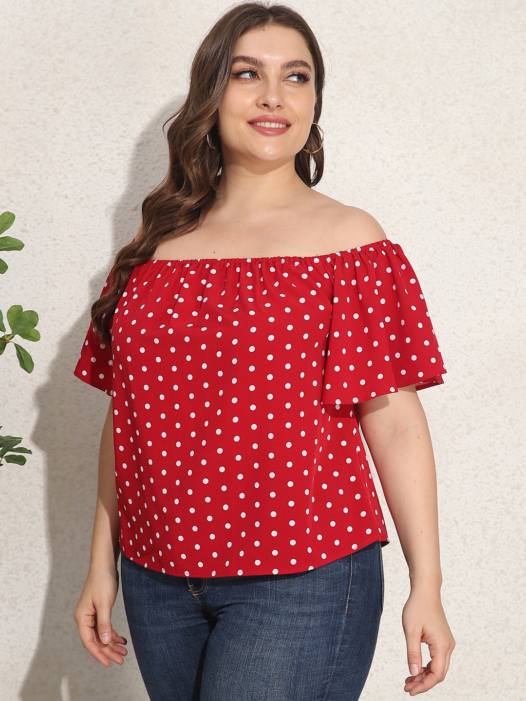 LOOSE PLUS SIZE RED SHORT-SLEEVED OFF-NECK FASHION TOP