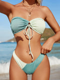 SNAKE CLOTH COLOUR MATCHING TUBE TOP LACE-UP BANDEAU BIKINI