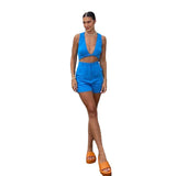 CROPPED COTTON LINEN WOMEN DEEP V-NECK SHORTS TWO-PIECE SUIT