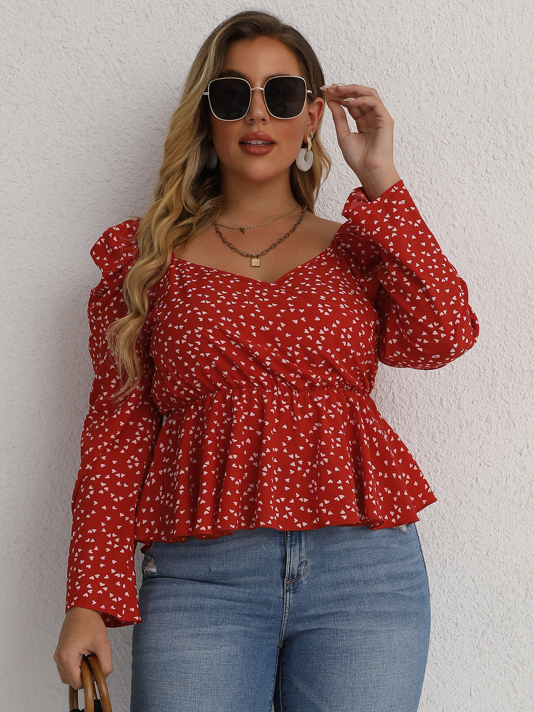 PLUS SIZE WAIST TRIMMING ROUND DOT RED LONG-SLEEVED TOP