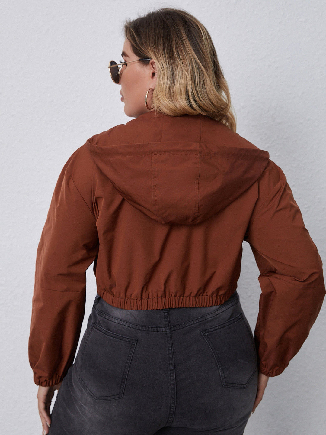 TRENDY SOLID COLOUR LONG SLEEVE SHORT HOODED ZIPPER JACKET