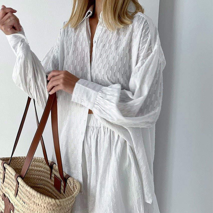 SHIRT JACQUARD LANTERN SLEEVE ELEGANT TOP SHORTS TWO PIECE