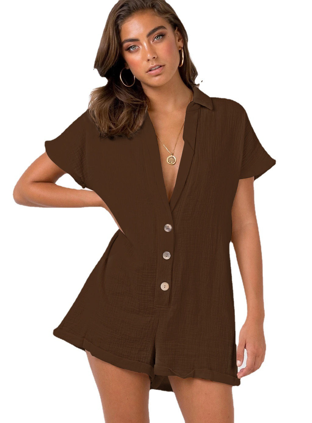 COTTON AND LINEN BREATHABLE COMFORTABLE LOOSE BUTTON DEEP V-NECK JUMPSUIT