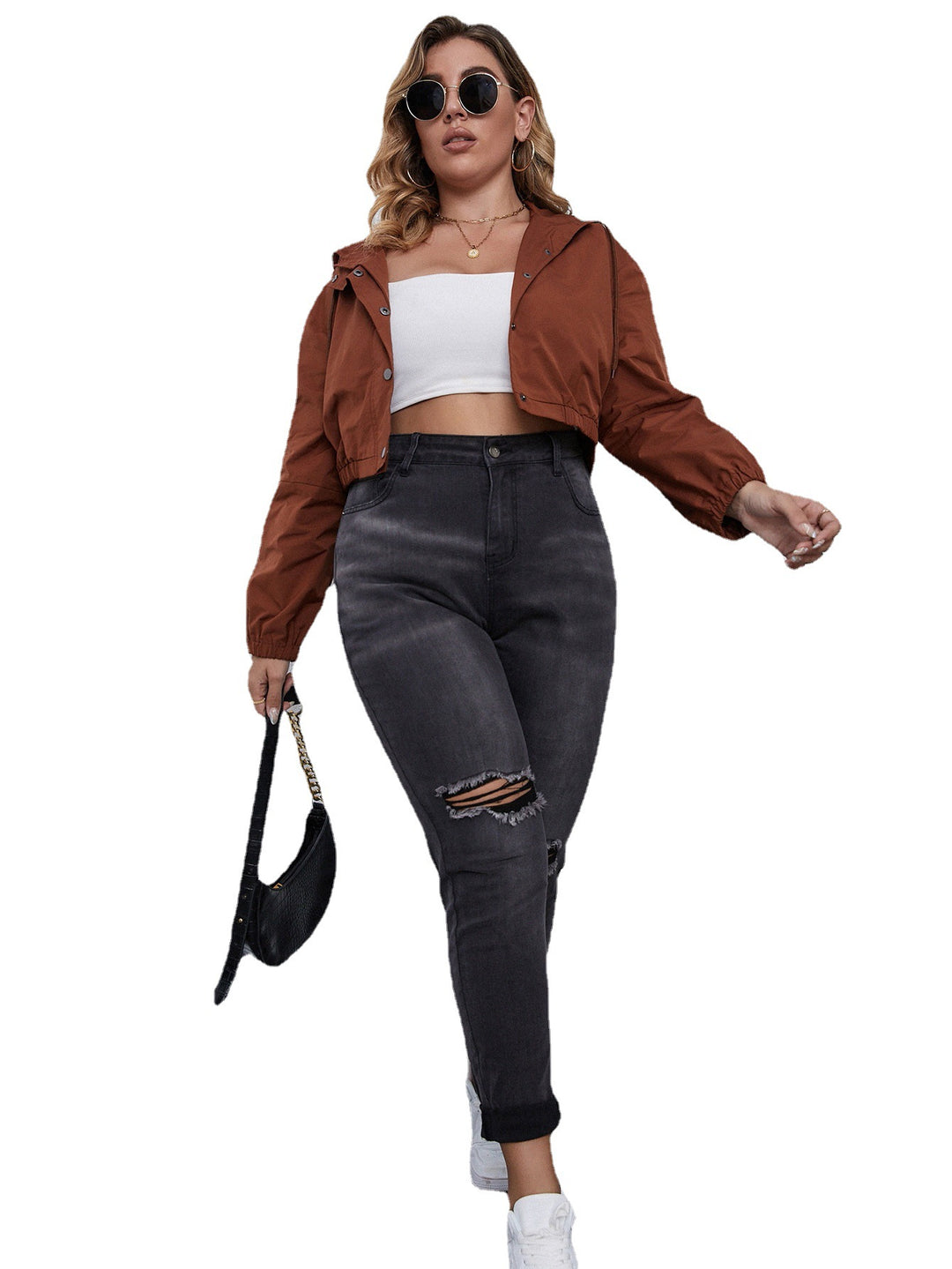 TRENDY SOLID COLOUR LONG SLEEVE SHORT HOODED ZIPPER JACKET