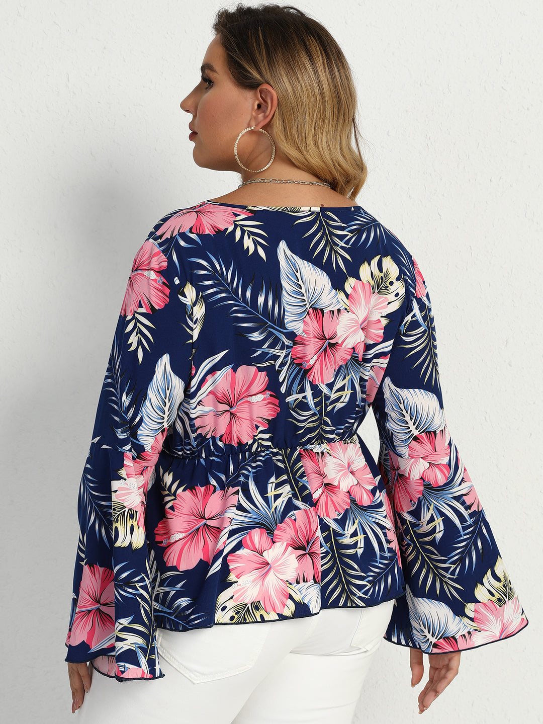 PLUS SIZE BLUE PRINTED WAIST-CONTROLLED LONG SLEEVE TOP