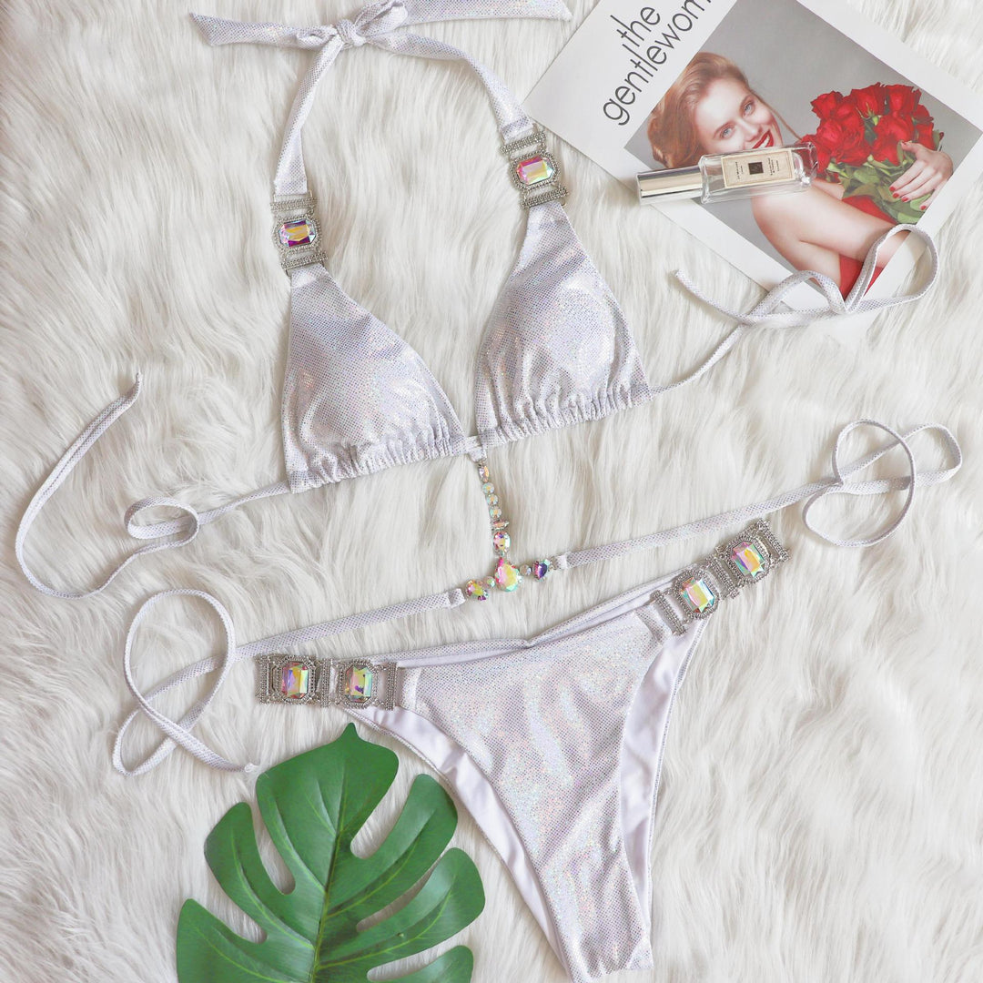 LACE UP HALTER SHINY BRONZING DIAMOND SWIMSUIT