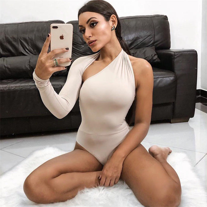 FALL WINTER FASHION BACKLESS HALTER LONG SLEEVE TIGHT JUMPSUIT BODYSUIT